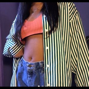 THRIFTED GREEN STRIPPED COLLARED BUTTON UP